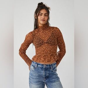 Free People Hello There Cheetah Animal Print Sheer Blouse NWT XSmall Long Sleeve